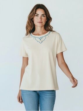 Lemon Grass Studio Shells and Beaded Scoop Neck Cream Top Size L